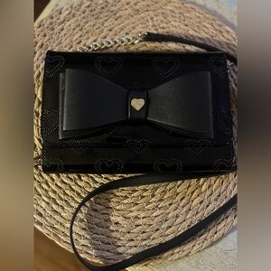 Betsey Johnson Black Patent Bow Crossbody with Gold Heart Charm